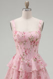 Floral Blue A-Line Tiered Ruffled Short Corset Homecoming Dress