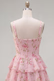 Floral Blue A-Line Tiered Ruffled Short Corset Homecoming Dress