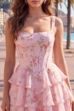 Floral Blue A-Line Tiered Ruffled Short Corset Homecoming Dress