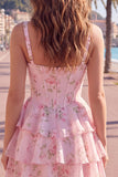 Floral Blue A-Line Tiered Ruffled Short Corset Homecoming Dress