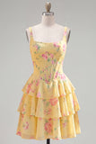 Floral Blue A-Line Tiered Ruffled Short Corset Homecoming Dress
