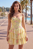 Floral Blue A-Line Tiered Ruffled Short Corset Homecoming Dress