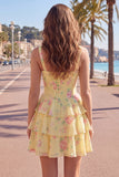 Floral Blue A-Line Tiered Ruffled Short Corset Homecoming Dress