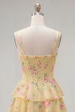 Floral Blue A-Line Tiered Ruffled Short Corset Homecoming Dress