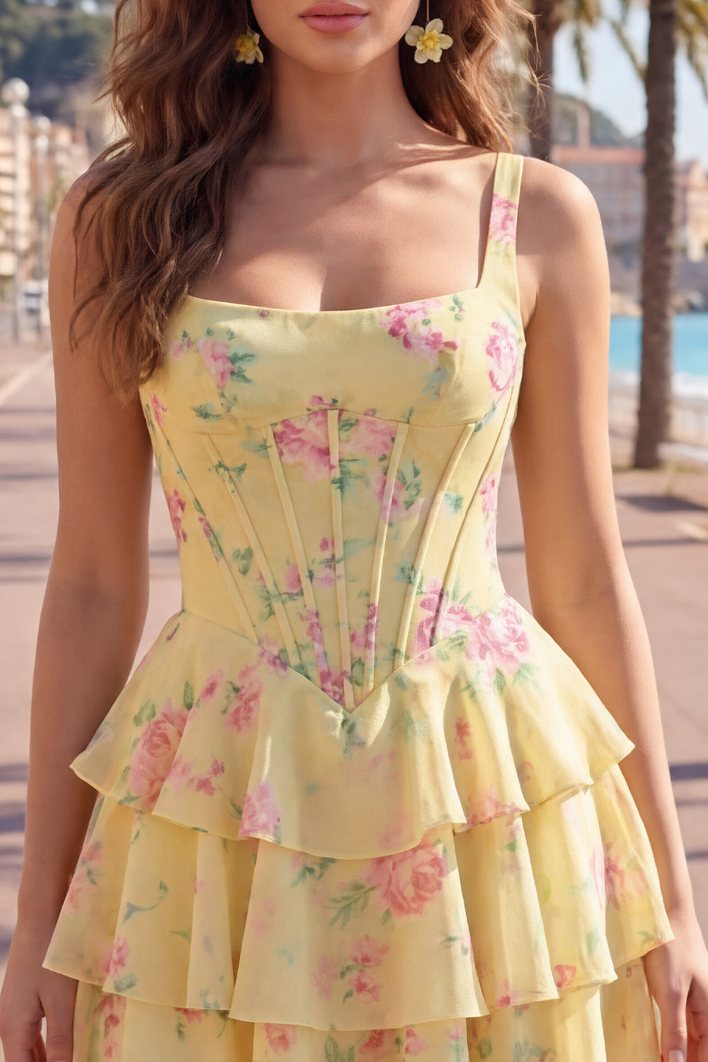 Floral Blue A-Line Tiered Ruffled Short Corset Homecoming Dress