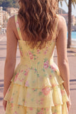 Floral Blue A-Line Tiered Ruffled Short Corset Homecoming Dress