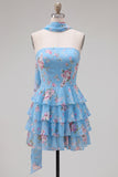 Yellow Floral Ruffled A-Line Short Homecoming Dress with Neck Scarf