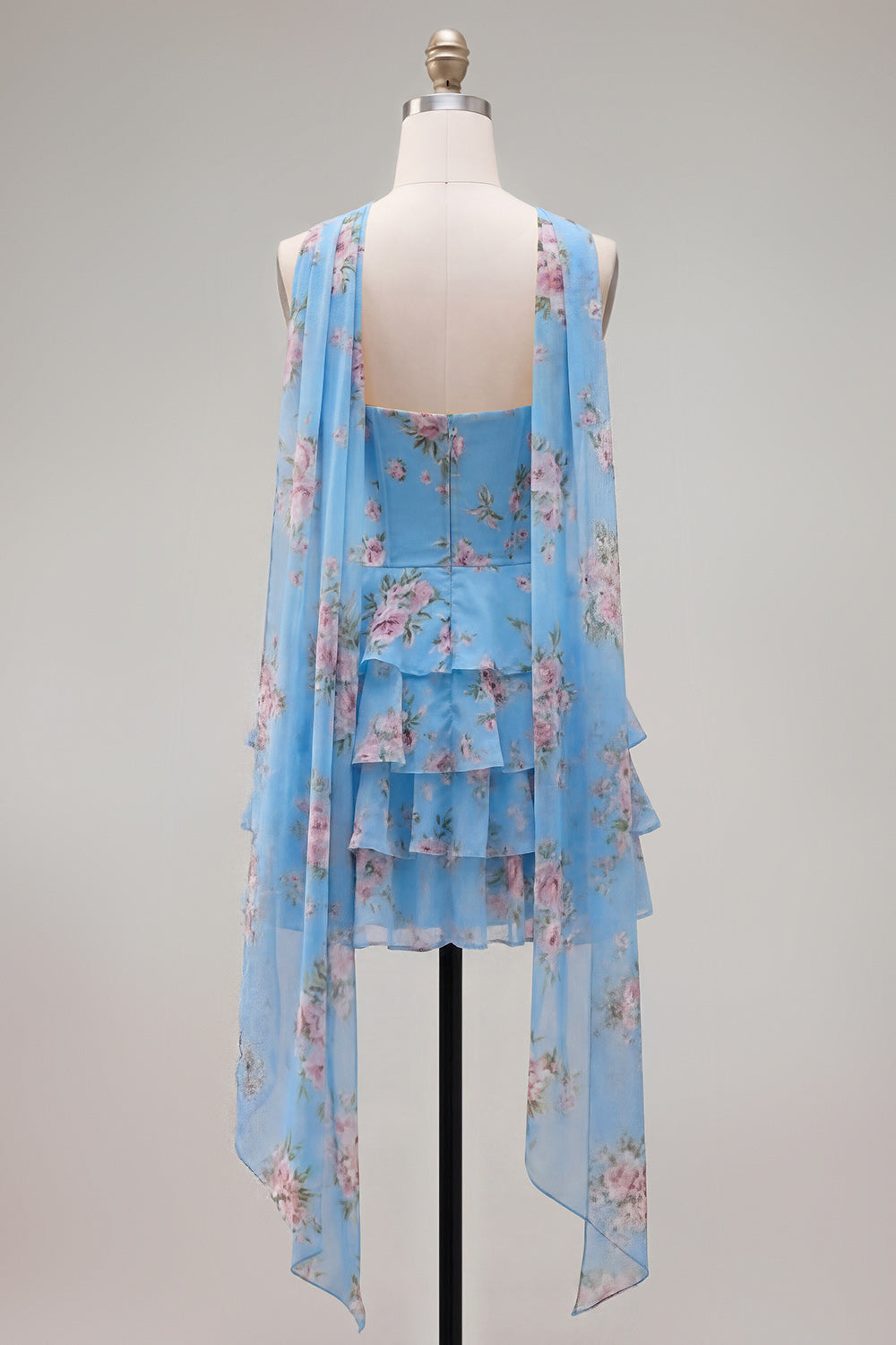 Yellow Floral Ruffled A-Line Short Homecoming Dress with Neck Scarf
