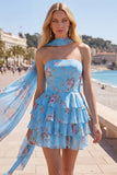 Yellow Floral Ruffled A-Line Short Homecoming Dress with Neck Scarf