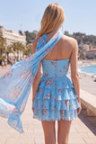 Yellow Floral Ruffled A-Line Short Homecoming Dress with Neck Scarf