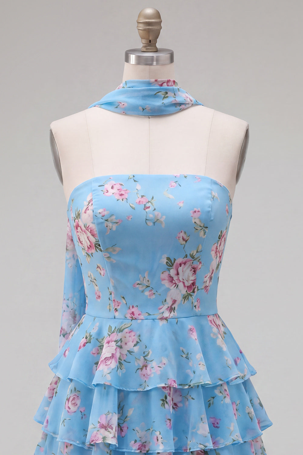 Yellow Floral Ruffled A-Line Short Homecoming Dress with Neck Scarf