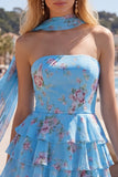 Yellow Floral Ruffled A-Line Short Homecoming Dress with Neck Scarf