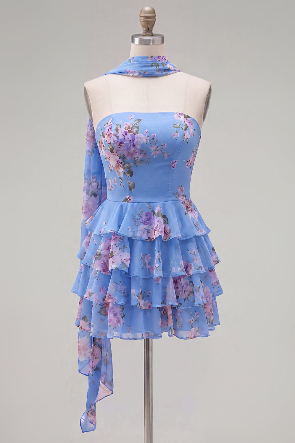 Yellow Floral Ruffled A-Line Short Homecoming Dress with Neck Scarf