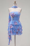 Yellow Floral Ruffled A-Line Short Homecoming Dress with Neck Scarf