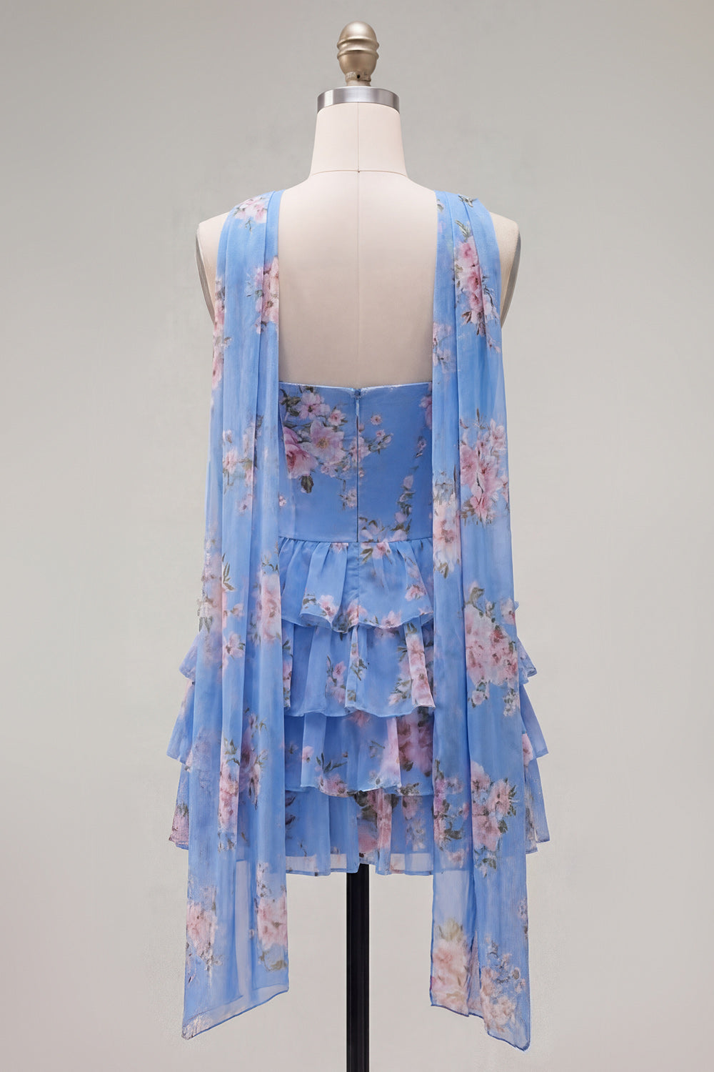 Yellow Floral Ruffled A-Line Short Homecoming Dress with Neck Scarf