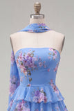 Yellow Floral Ruffled A-Line Short Homecoming Dress with Neck Scarf