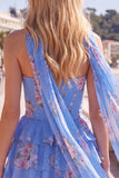 Yellow Floral Ruffled A-Line Short Homecoming Dress with Neck Scarf