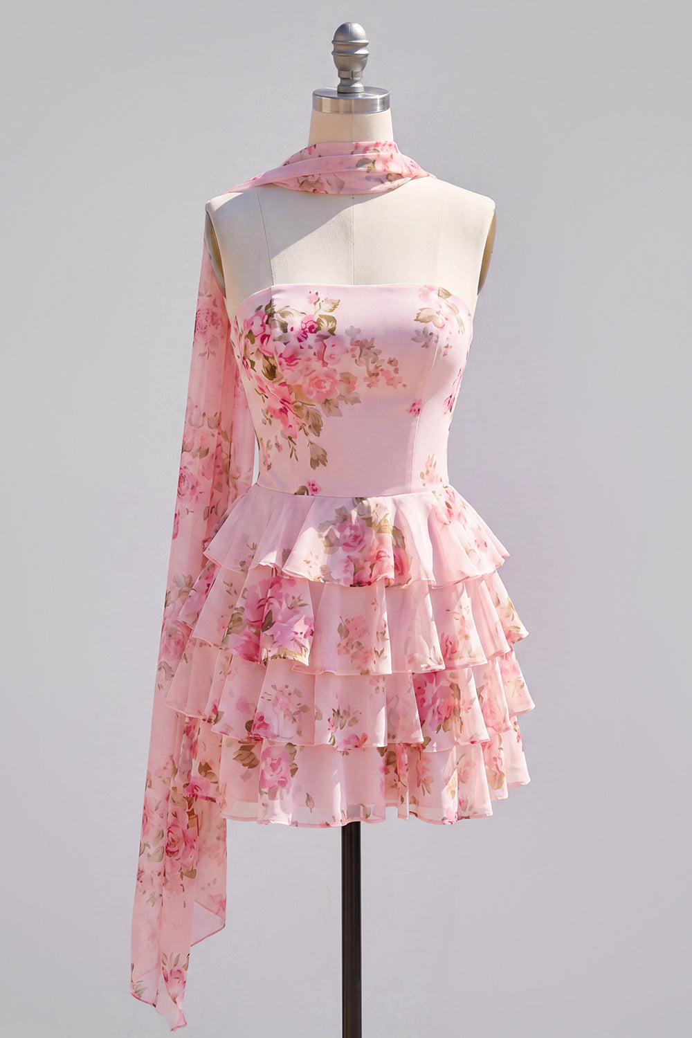 Yellow Floral Ruffled A-Line Short Homecoming Dress with Neck Scarf