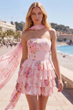 Yellow Floral Ruffled A-Line Short Homecoming Dress with Neck Scarf