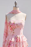 Yellow Floral Ruffled A-Line Short Homecoming Dress with Neck Scarf