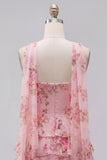 Yellow Floral Ruffled A-Line Short Homecoming Dress with Neck Scarf