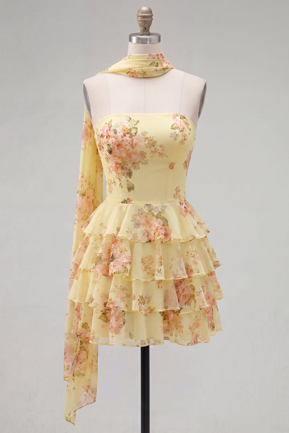Yellow Floral Ruffled A-Line Short Homecoming Dress with Neck Scarf