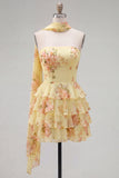 Yellow Floral Ruffled A-Line Short Homecoming Dress with Neck Scarf