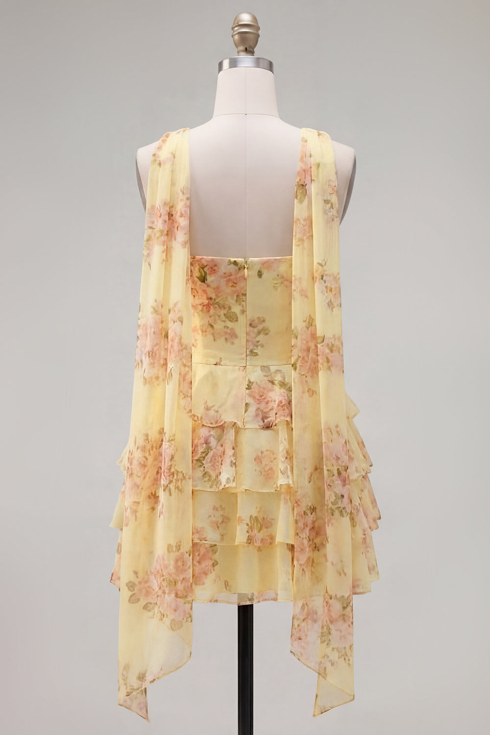 Yellow Floral Ruffled A-Line Short Homecoming Dress with Neck Scarf
