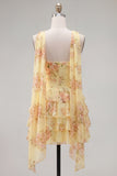 Yellow Floral Ruffled A-Line Short Homecoming Dress with Neck Scarf