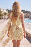Yellow Floral Ruffled A-Line Short Homecoming Dress with Neck Scarf