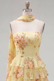 Yellow Floral Ruffled A-Line Short Homecoming Dress with Neck Scarf