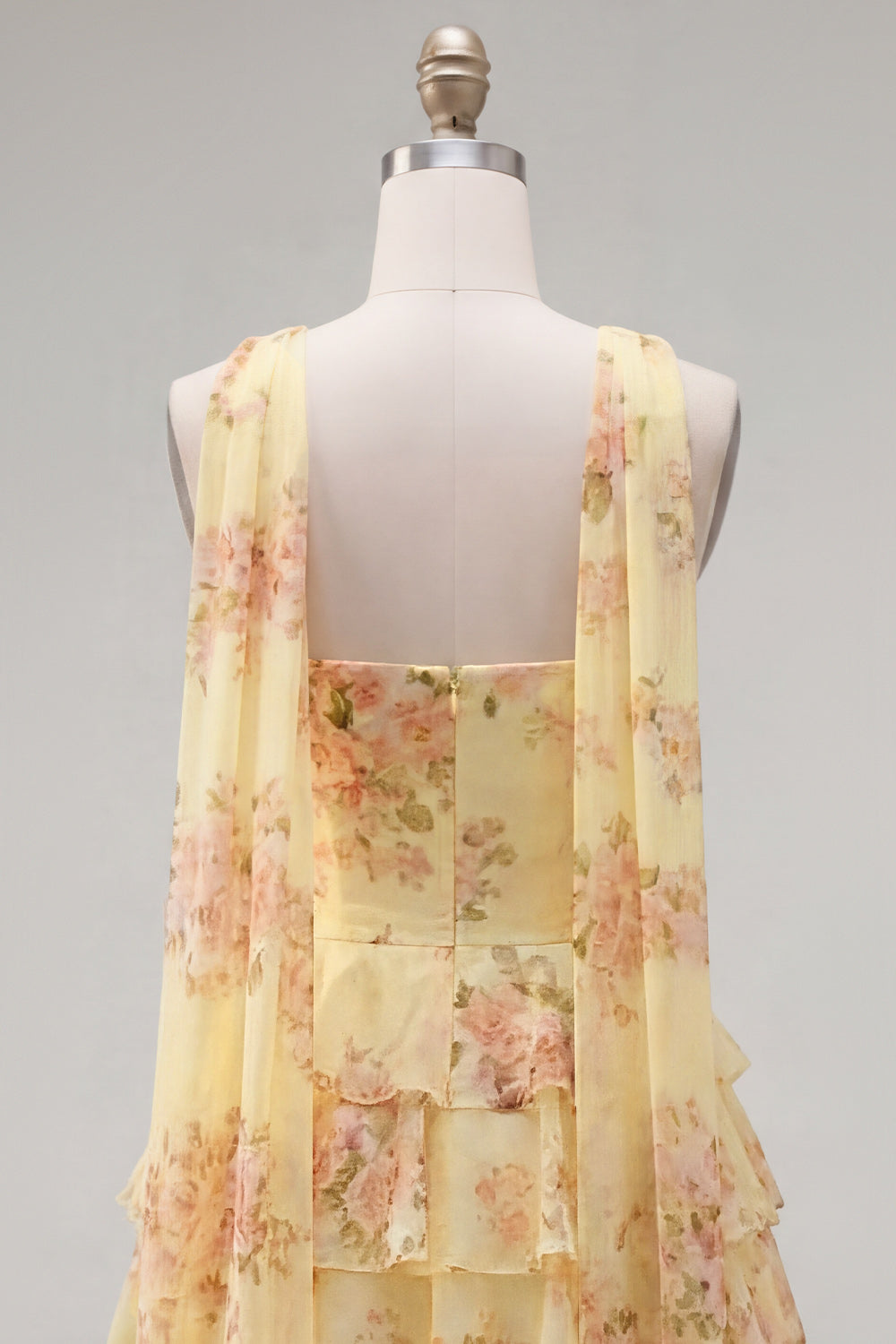 Yellow Floral Ruffled A-Line Short Homecoming Dress with Neck Scarf