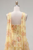 Yellow Floral Ruffled A-Line Short Homecoming Dress with Neck Scarf