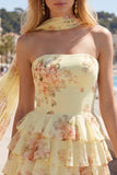 Yellow Floral Ruffled A-Line Short Homecoming Dress with Neck Scarf