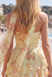 Yellow Floral Ruffled A-Line Short Homecoming Dress with Neck Scarf