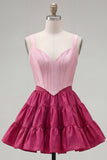 2 Piece A-Line Ruffled Pink Fuchsia Short Corset Homecoming Dress