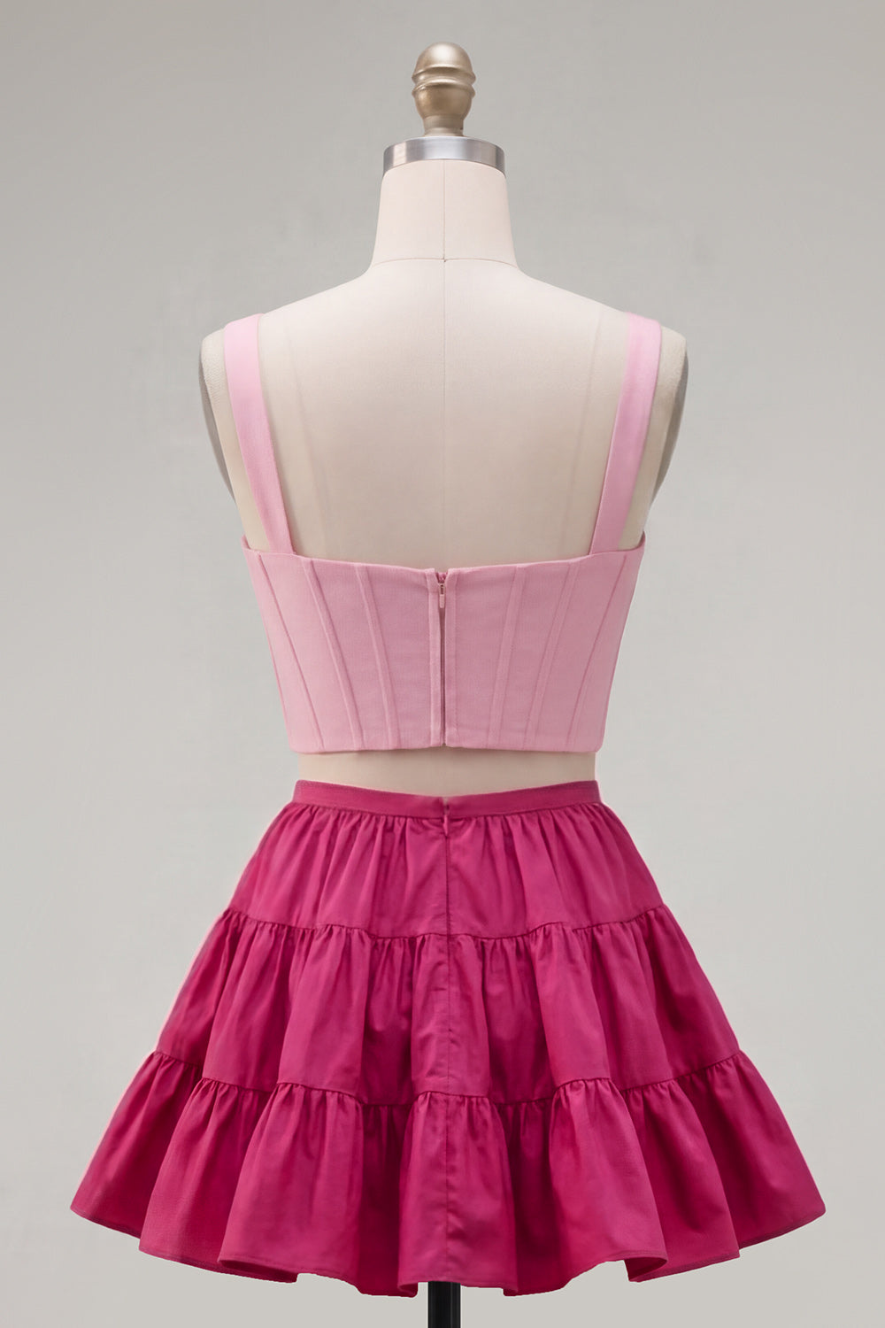 2 Piece A-Line Ruffled Pink Fuchsia Short Corset Homecoming Dress