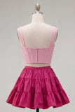 2 Piece A-Line Ruffled Pink Fuchsia Short Corset Homecoming Dress