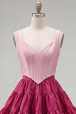 2 Piece A-Line Ruffled Pink Fuchsia Short Corset Homecoming Dress