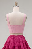 2 Piece A-Line Ruffled Pink Fuchsia Short Corset Homecoming Dress