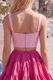 2 Piece A-Line Ruffled Pink Fuchsia Short Corset Homecoming Dress