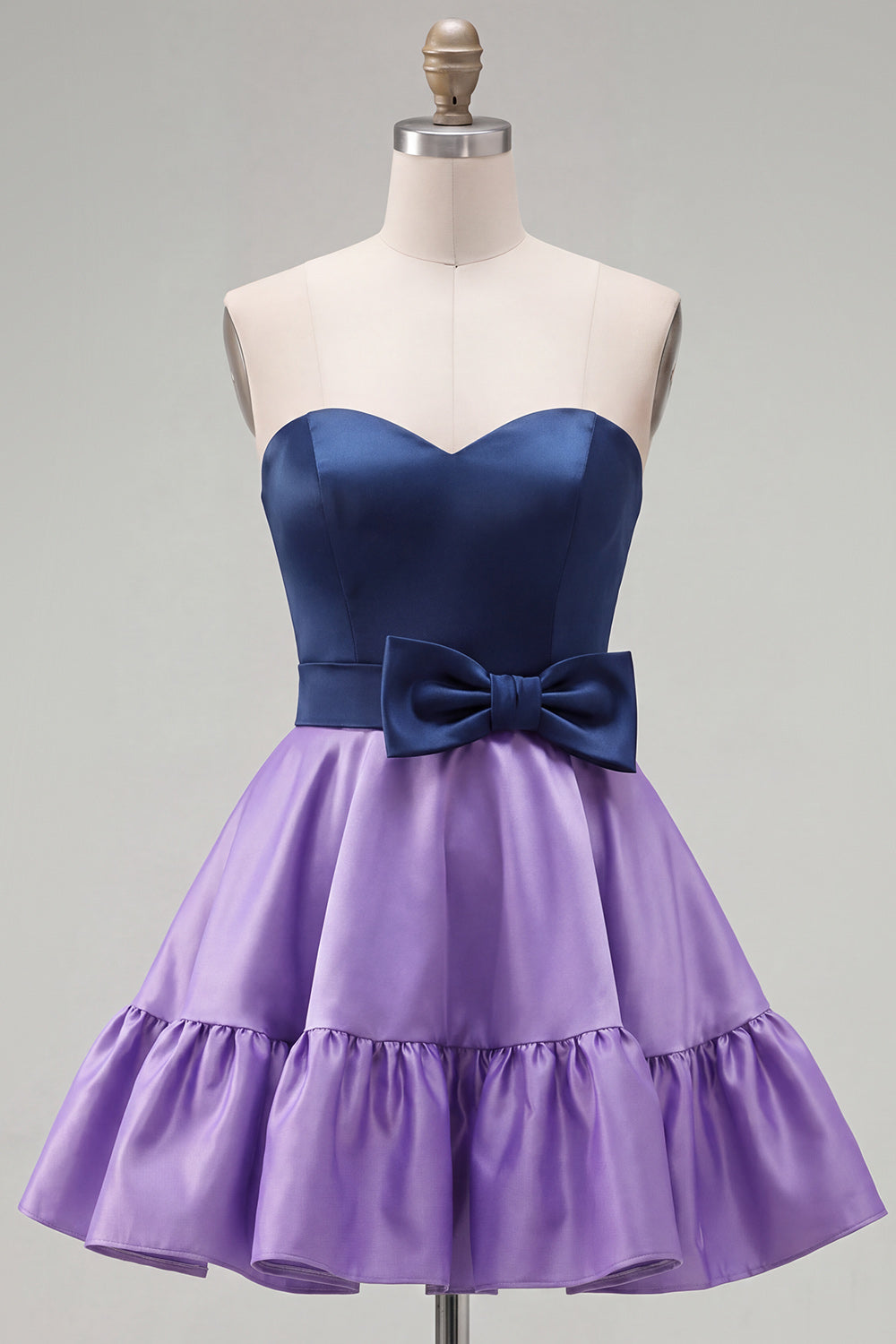 A-Line Navy Purple Color Block Ruffled Short Homecoming Dress with Bow
