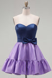 A-Line Navy Purple Color Block Ruffled Short Homecoming Dress with Bow
