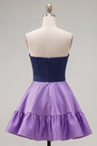 A-Line Navy Purple Color Block Ruffled Short Homecoming Dress with Bow