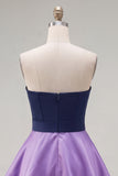 A-Line Navy Purple Color Block Ruffled Short Homecoming Dress with Bow