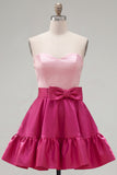 A-Line Navy Purple Color Block Ruffled Short Homecoming Dress with Bow