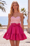 A-Line Navy Purple Color Block Ruffled Short Homecoming Dress with Bow