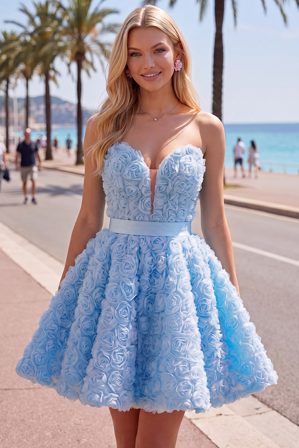 A-Line Pink Sweetheart Short Homecoming Dress with 3D Flowers