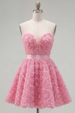 A-Line Pink Sweetheart Short Homecoming Dress with 3D Flowers