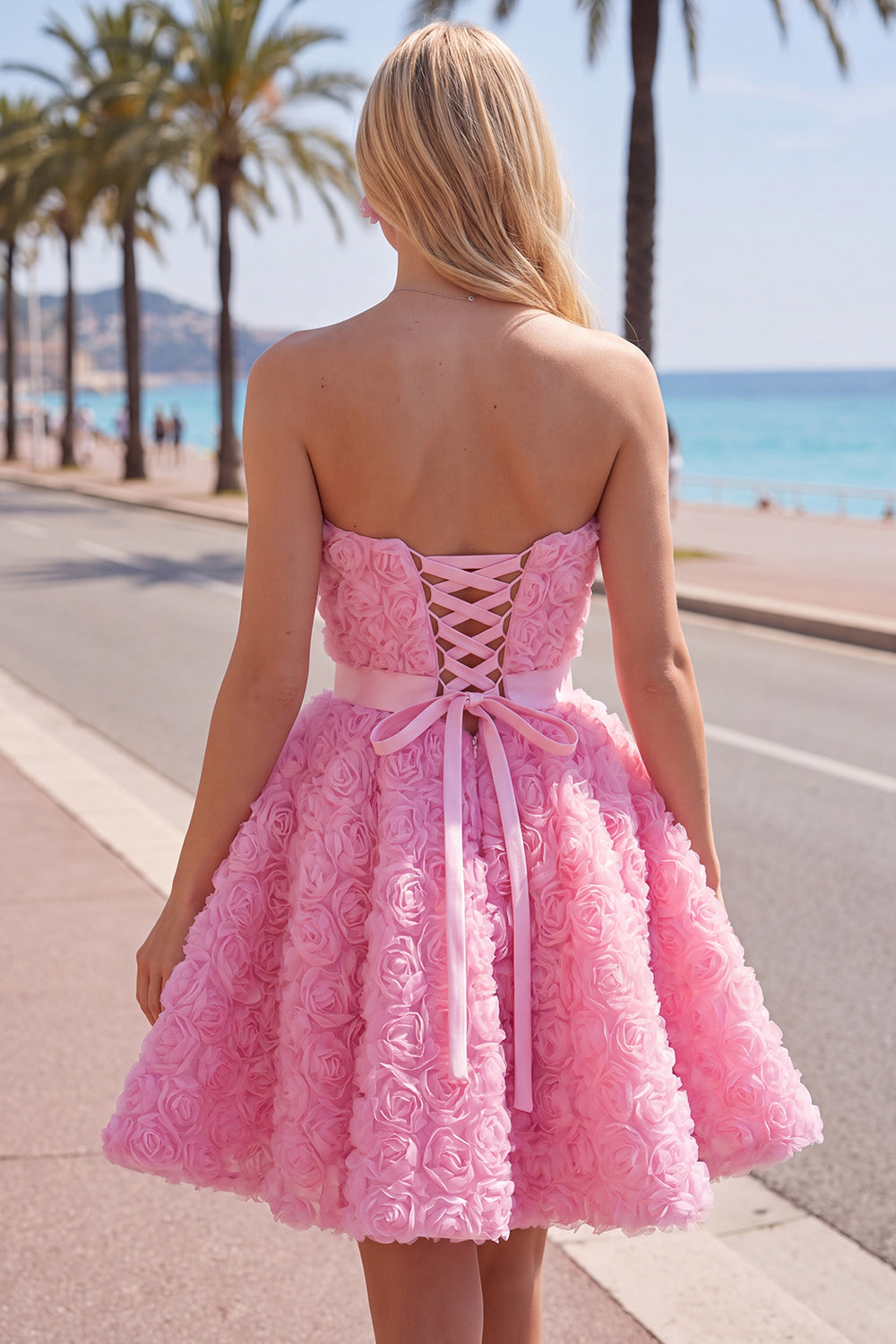 A-Line Pink Sweetheart Short Homecoming Dress with 3D Flowers